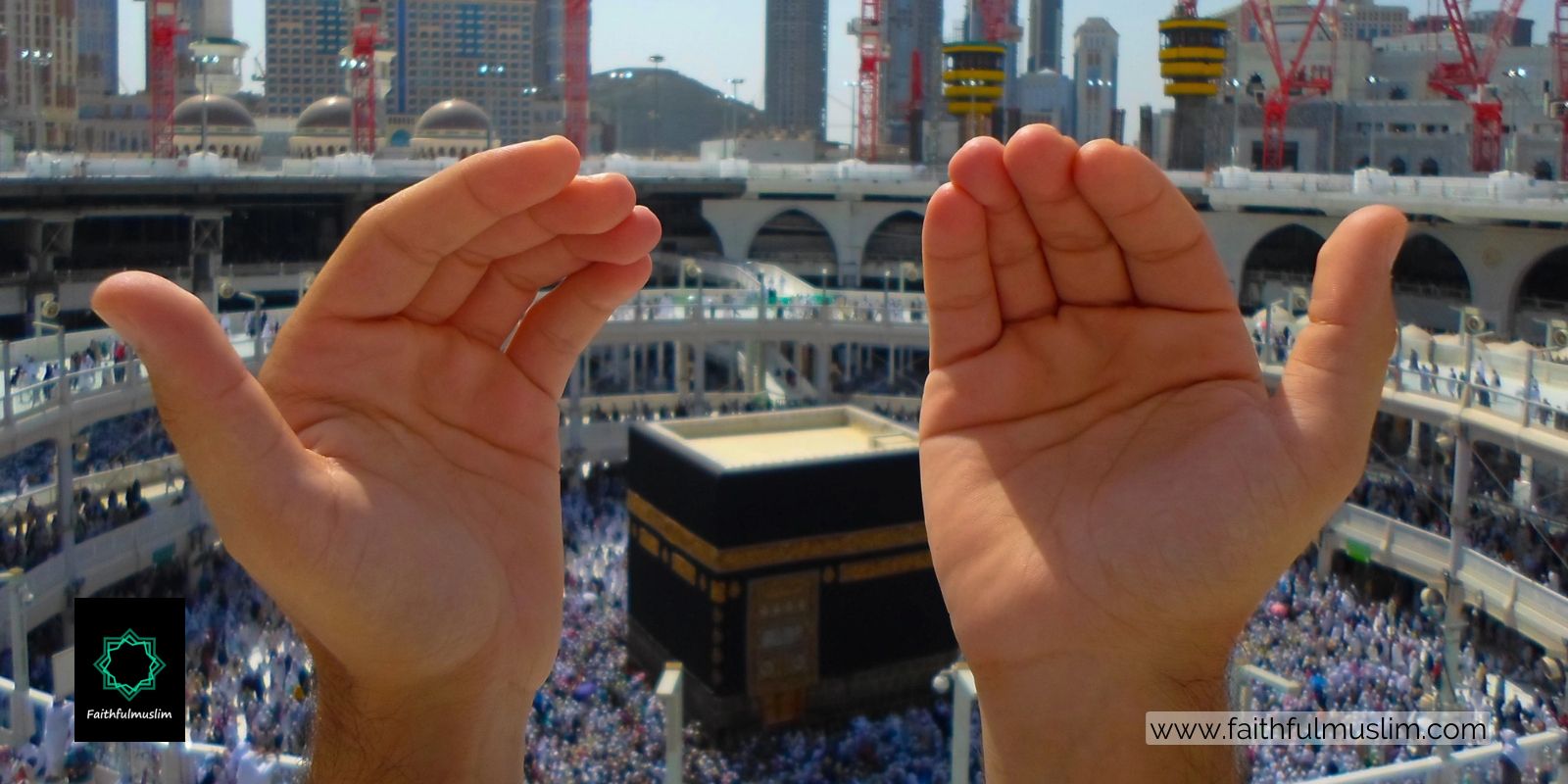 Praying hands in front of Kaaba.