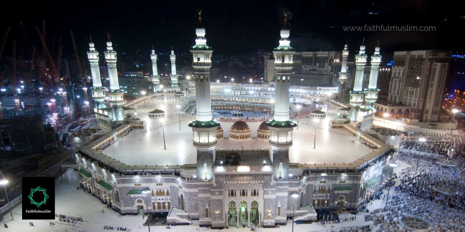 Muslims praying inside and outside the Kaaba at night.
