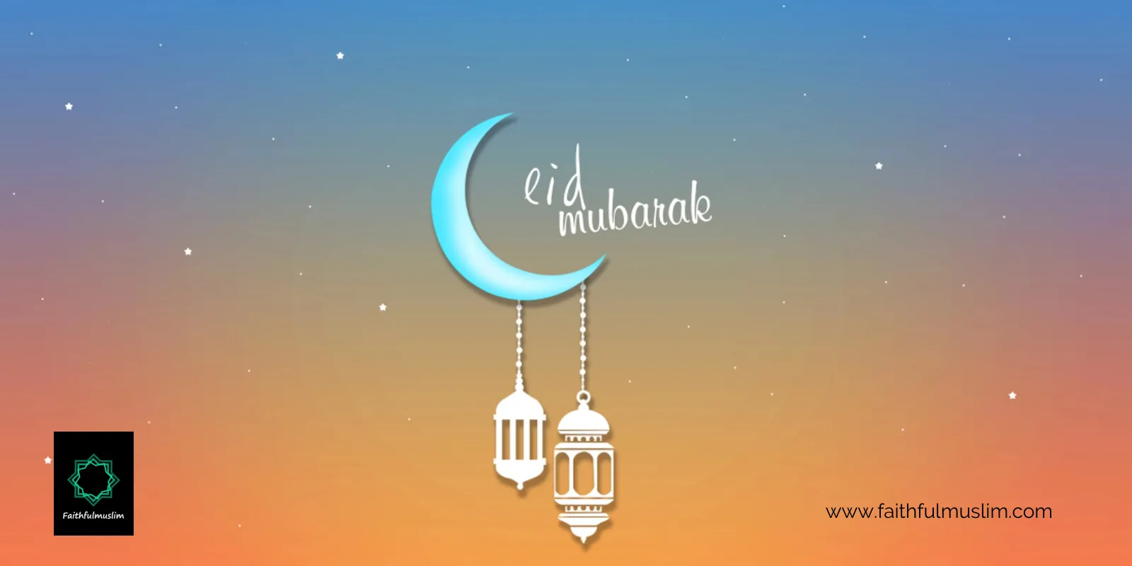 Eid Mubarak written with a crescent moon on a beautifully colored canvas depicting the sky with stars on it.
