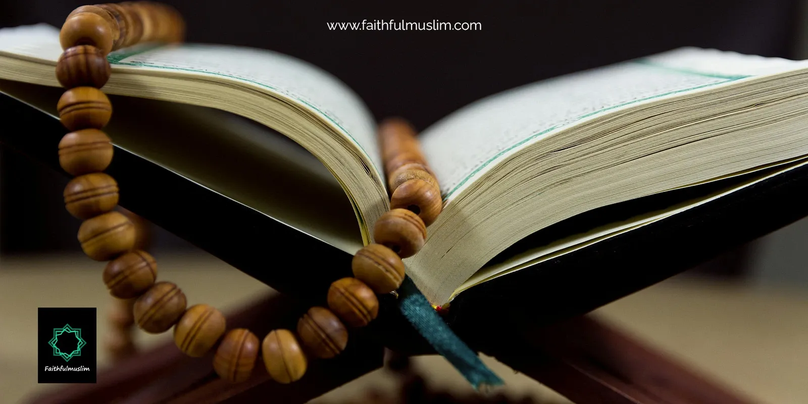 Wooden prayer beads kept in the Quran while reading.