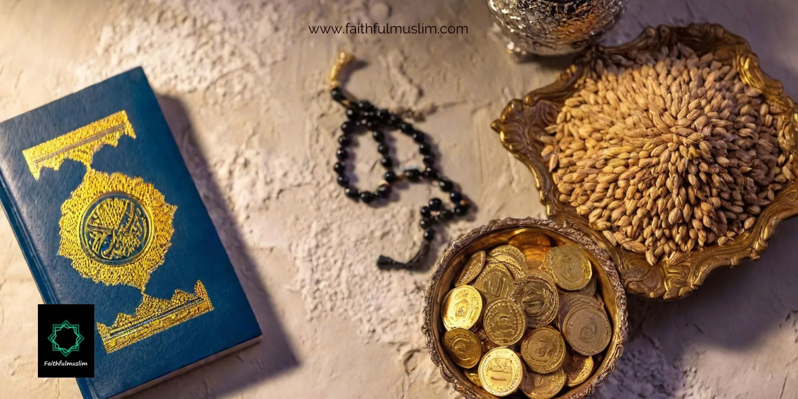 A bowl full of nuts, another bowl with gold coins, prayer beads and religious book kept on a surface.